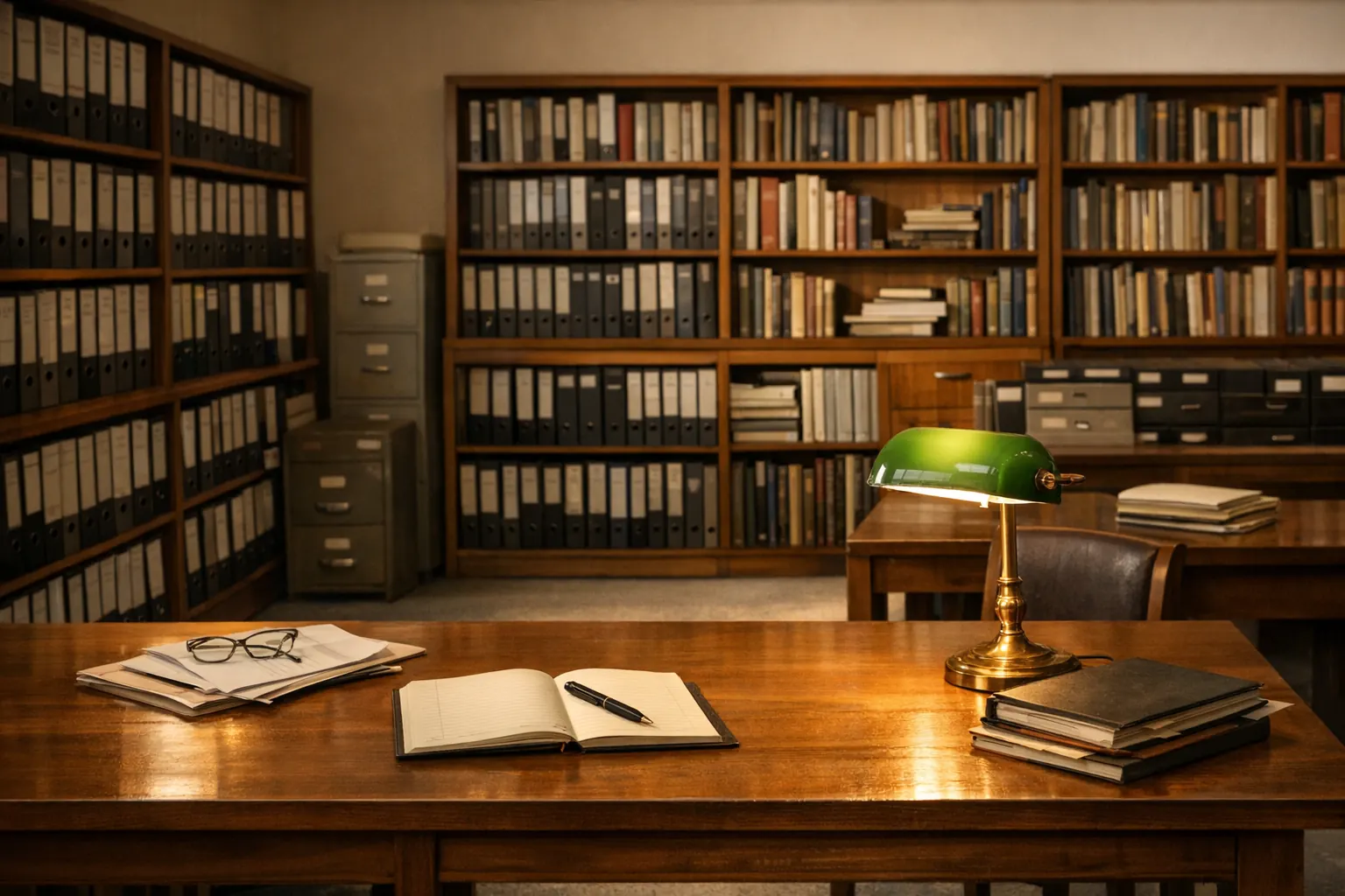 Spokojna biblioteka redakcyjna z segregatorami, ksiazkami i stolem roboczym bez ludzi